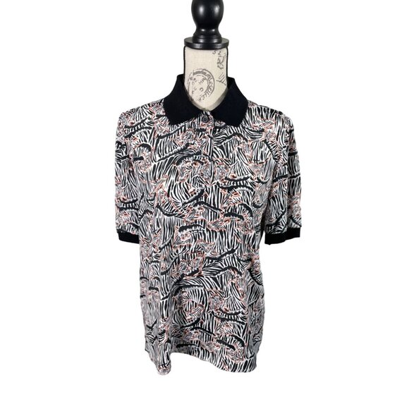 Kelly Scott Tops - Vintage Kelly Scott Zebra Print Black Collar Womens Polo Blouse Shirt sz 6